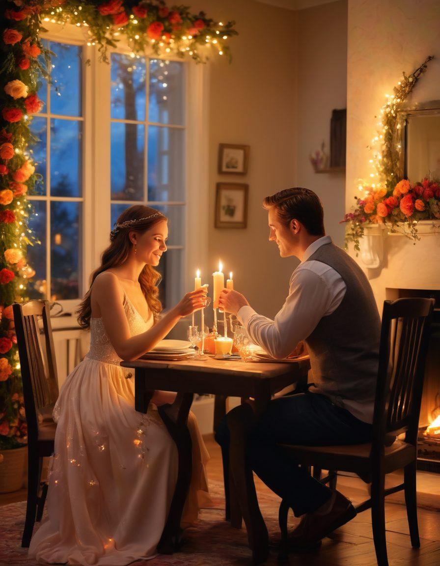 A warm and inviting scene featuring a couple sharing a candlelit dinner, surrounded by vibrant flowers and softly glowing fairy lights. Their hands are gently touching over the table, symbolizing intimacy and connection. The background showcases a cozy room with a fireplace, casting a soft glow. The overall atmosphere is romantic and passionate. super-realistic. vibrant colors. warm lighting.