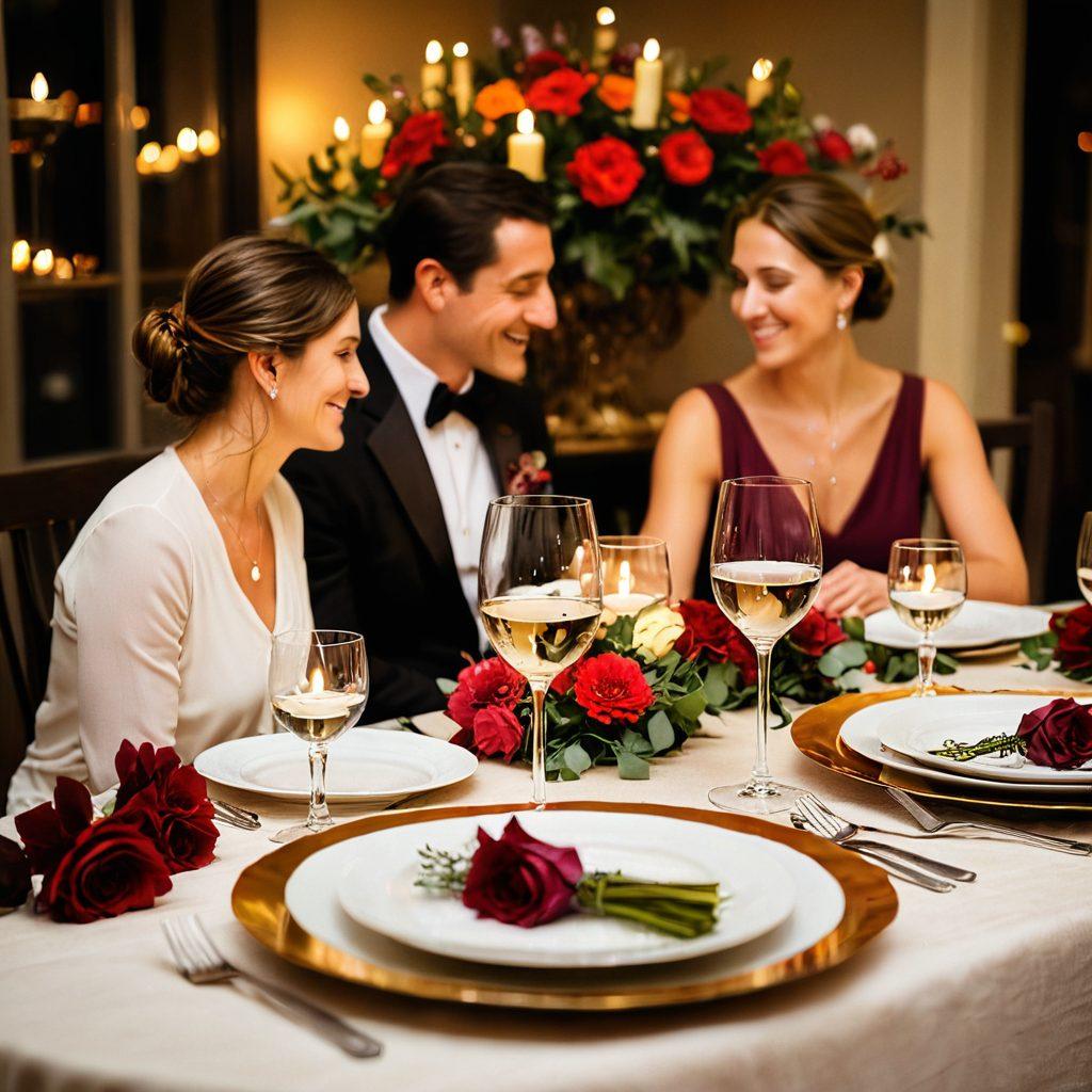 A cozy, candlelit dinner setting with a beautiful table adorned with flowers, wine, and soft dim lighting. In the background, a couple is engaged in intimate conversation, sharing laughter and warmth. The ambiance should evoke feelings of love and connection, captured in a dreamy, enchanting style. soft focus. warm colors. romantic atmosphere.
