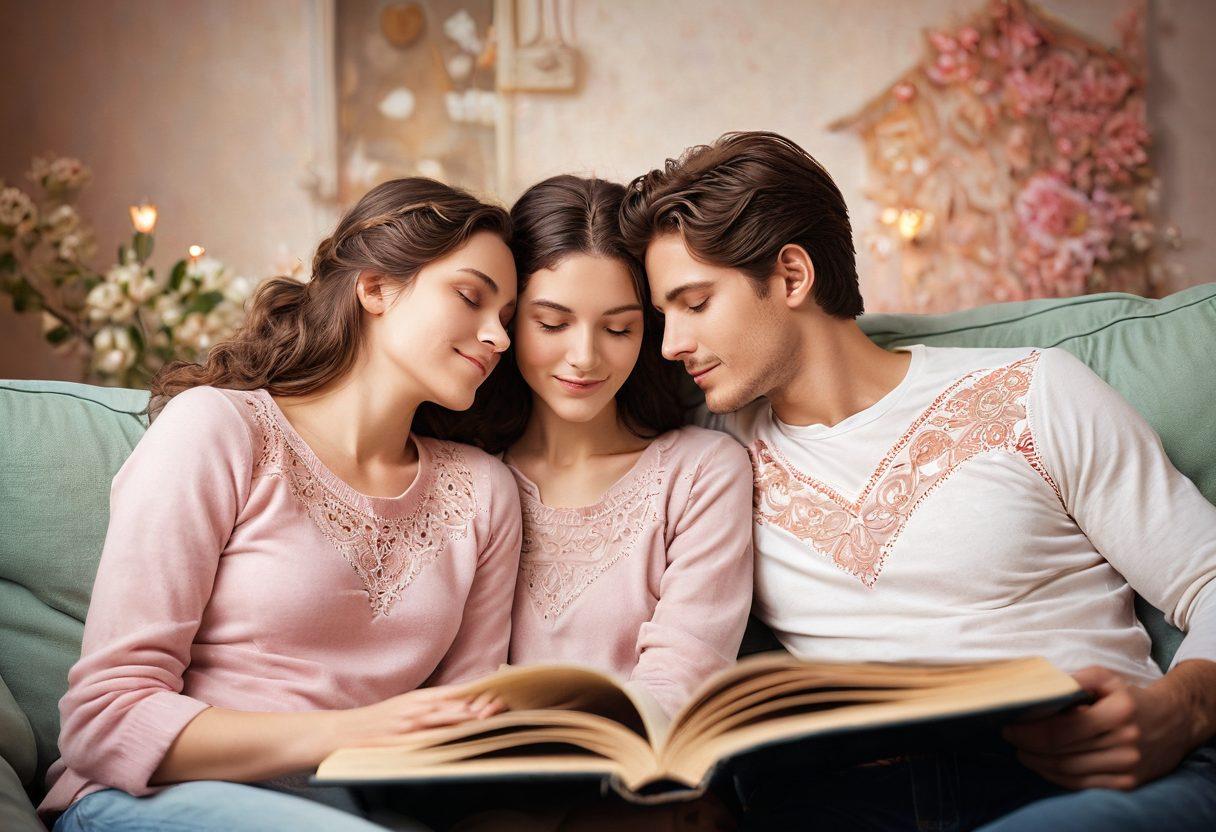 A loving couple sitting together on a cozy sofa, sharing expressions of love and understanding, surrounded by symbols of connection like hearts and gears representing solutions. A warm, inviting atmosphere with soft lighting, gentle colors, and elements like intertwined hands or an open book on relationships enhancing the theme of heartfelt connection. dreamy illustration. warm tones. soft focus.